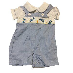Baby Romper 6M‎ Toffee Apple Blue/White Striped Outfit With Bunny/Carrot vintage